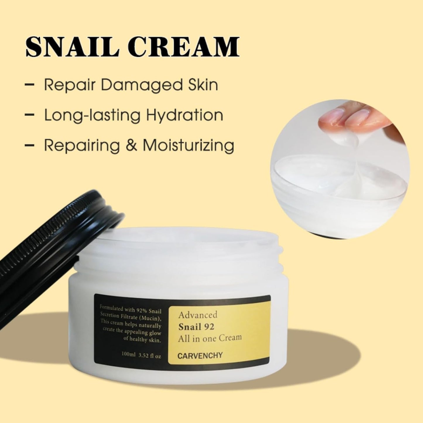 Snail Mucin 92% Face Moisturizer,Advanced Snail 92 All In One Cream,Lightweight Moisturing Cream for Dry Skin,Soothes Damaged Skin,Improves Skin Vitality,Moisturizer Face Cream, 3.52 fl.Oz